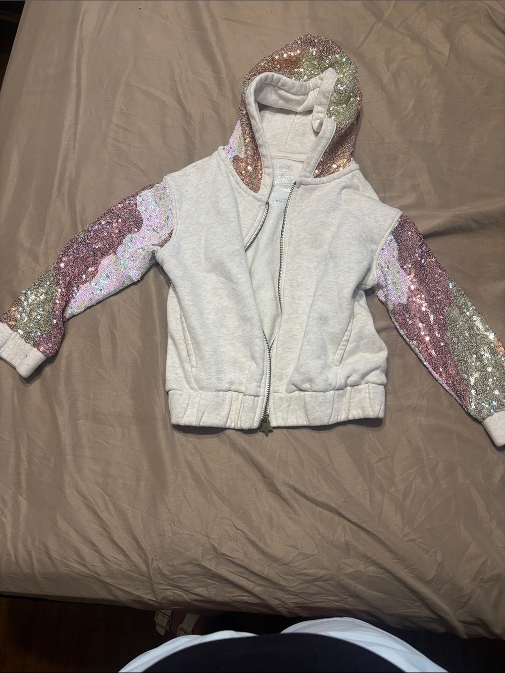 Girls' Sequin Sleeve Hooded Jacket - Light Cream & Pink